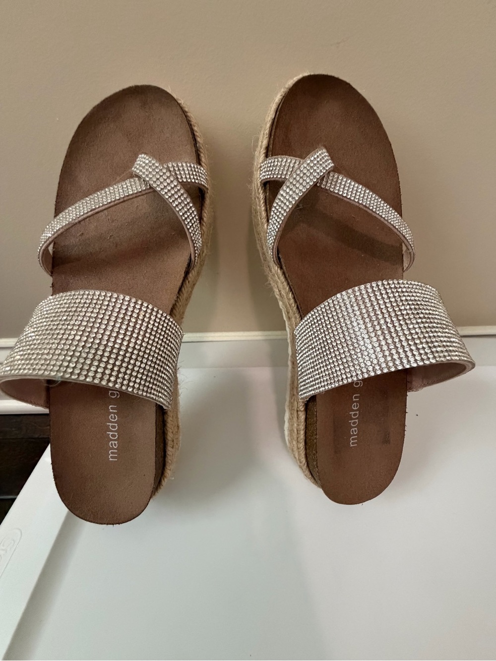 Steve Madden Silver Rhinestone Espadrille Slide Sandals with Cross-Strap